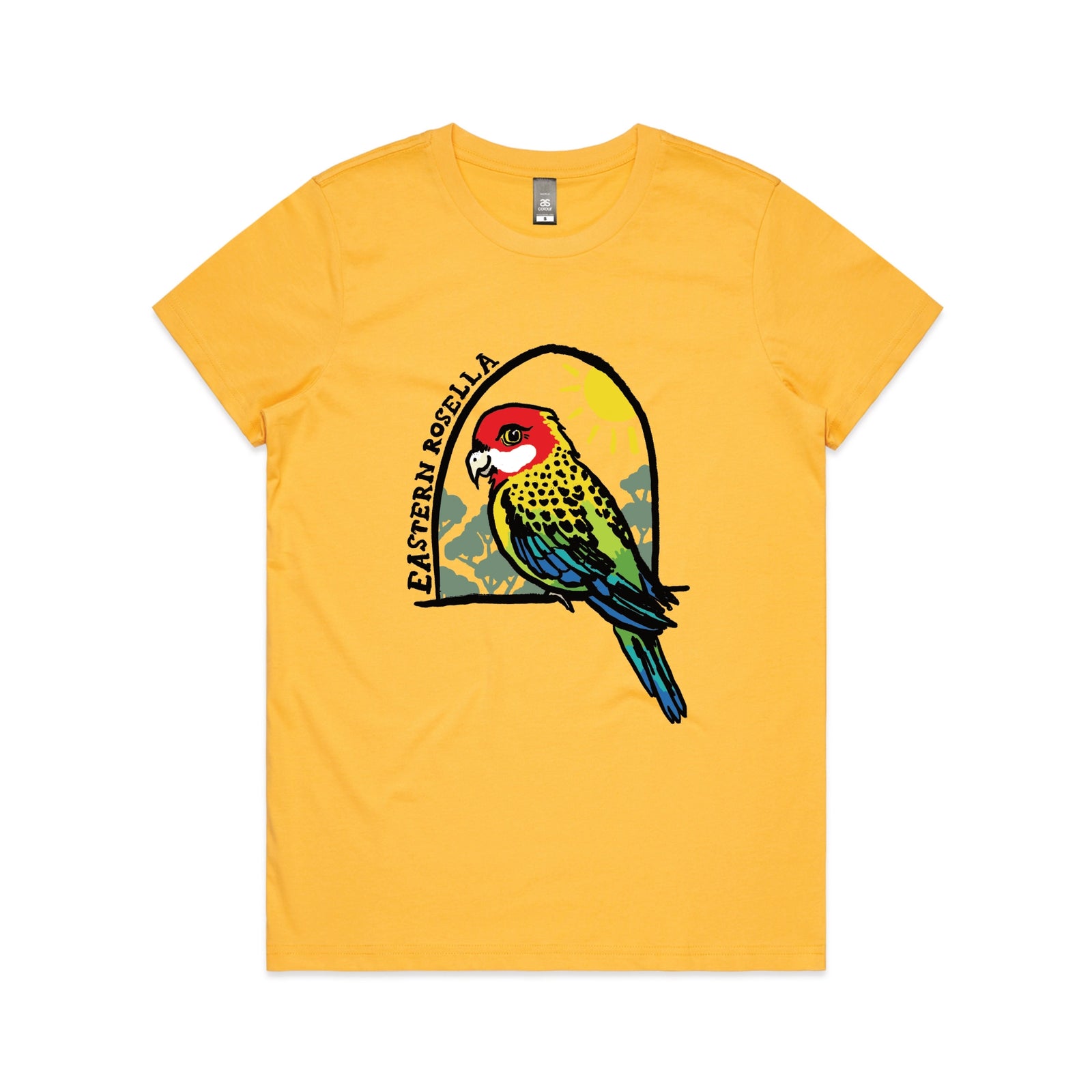 Yellow fitted womens t-shirt with Eastern Rosella graphic by Lonely Kids Club