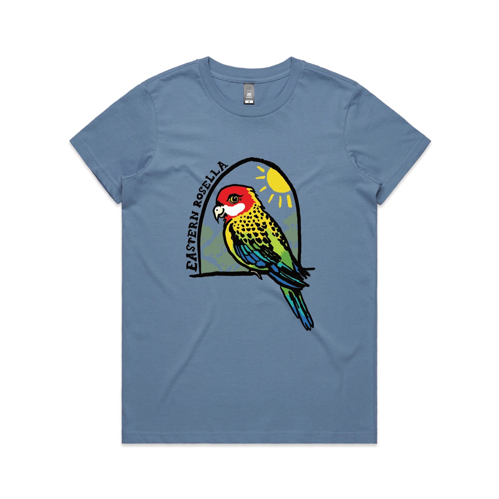 Carolina Blue fitted womens t-shirt with Eastern Rosella graphic by Lonely Kids Club
