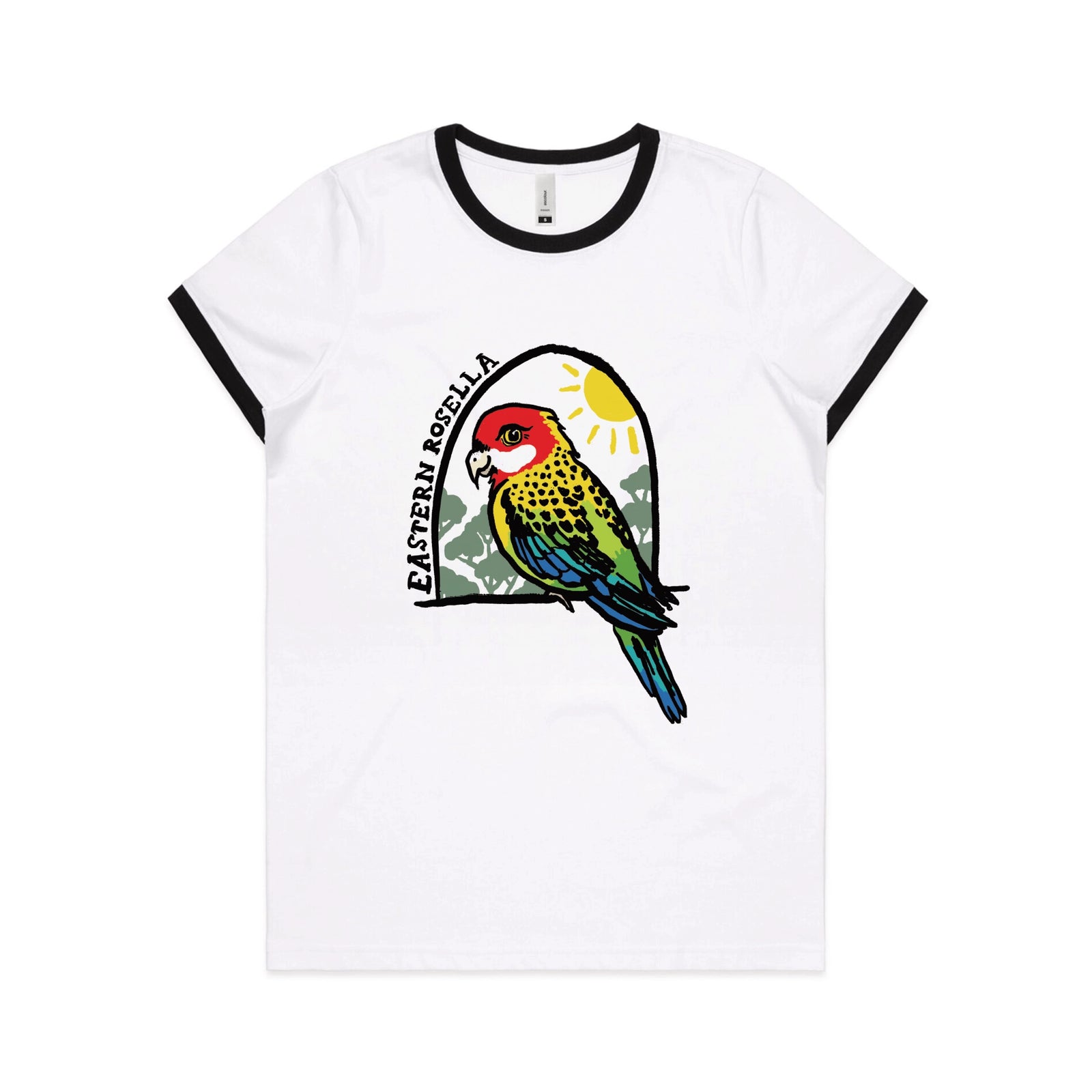 Black/White Ringer fitted womens t-shirt with Eastern Rosella graphic by Lonely Kids Club