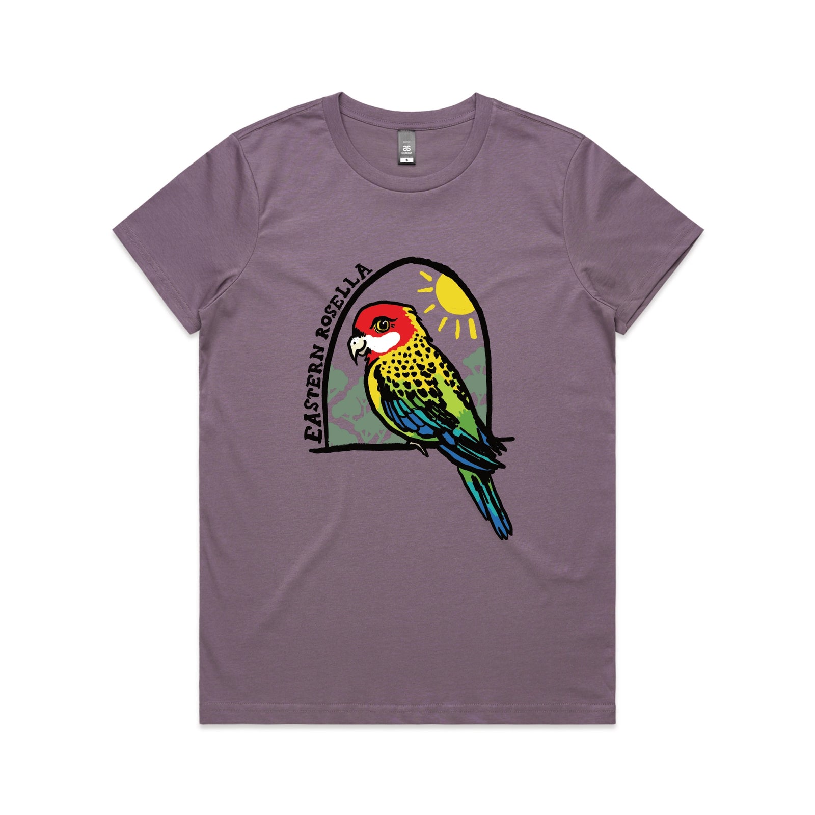 Mauve fitted womens t-shirt with Eastern Rosella graphic by Lonely Kids Club