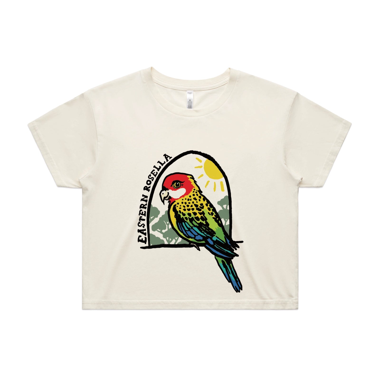 Ecru crop top with Eastern Rosella graphic by Lonely Kids Club