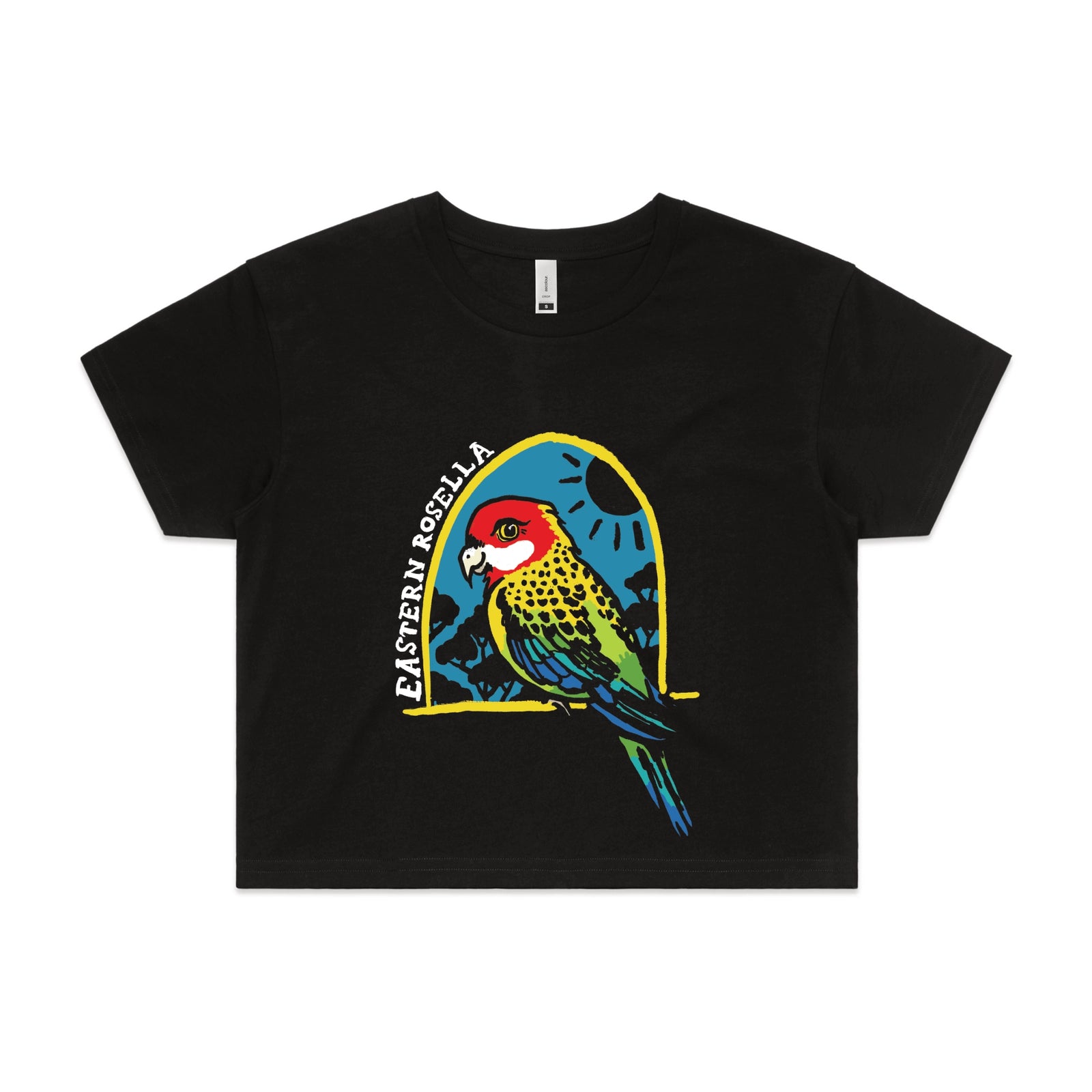 Black crop top with Eastern Rosella graphic by Lonely Kids Club