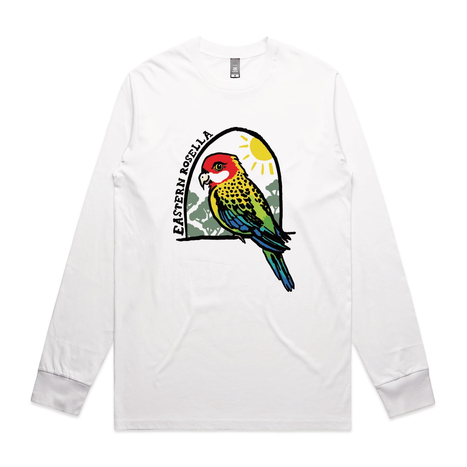 White long sleeve t-shirt with Eastern Rosella graphic by Lonely Kids Club
