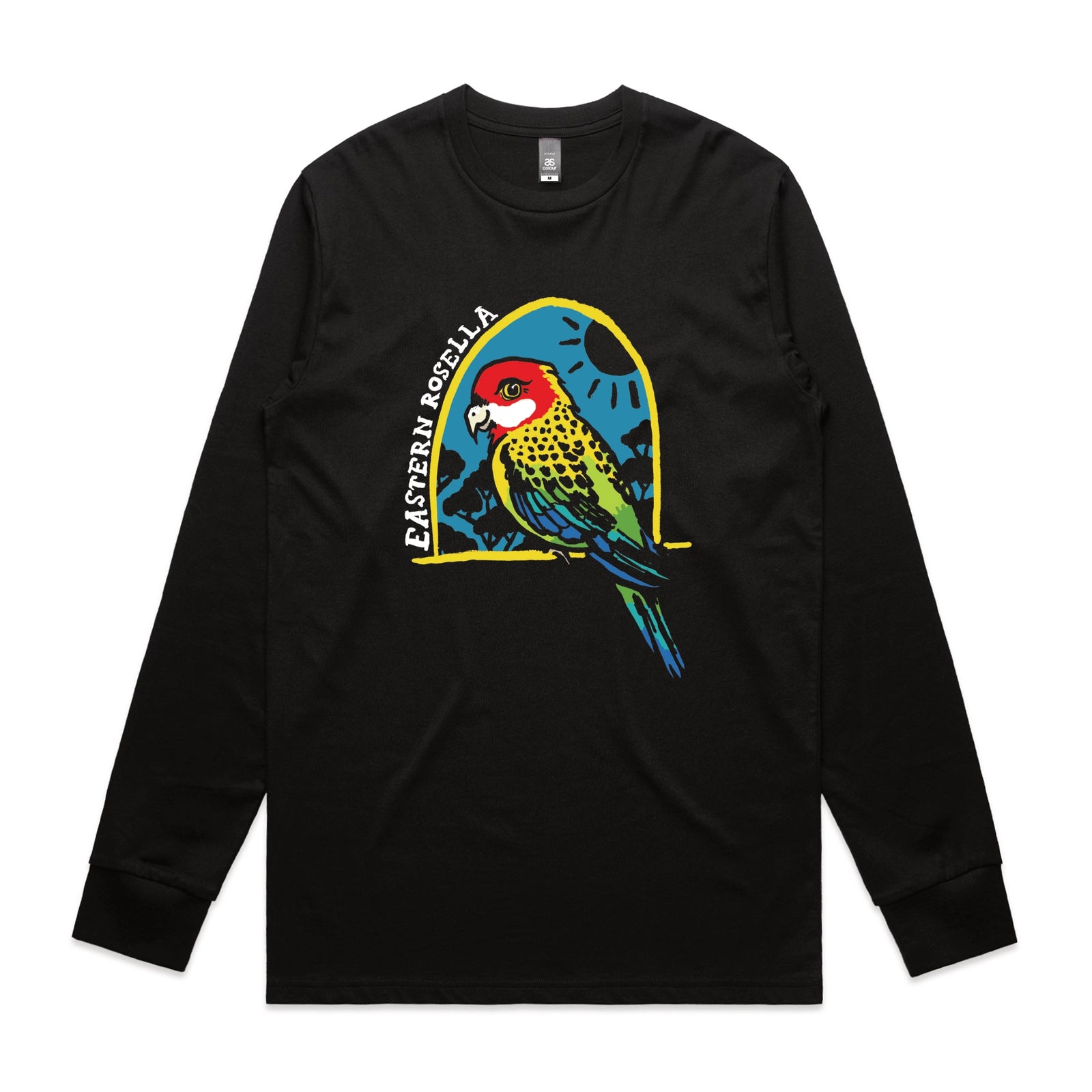 Black long sleeve t-shirt with Eastern Rosella graphic by Lonely Kids Club