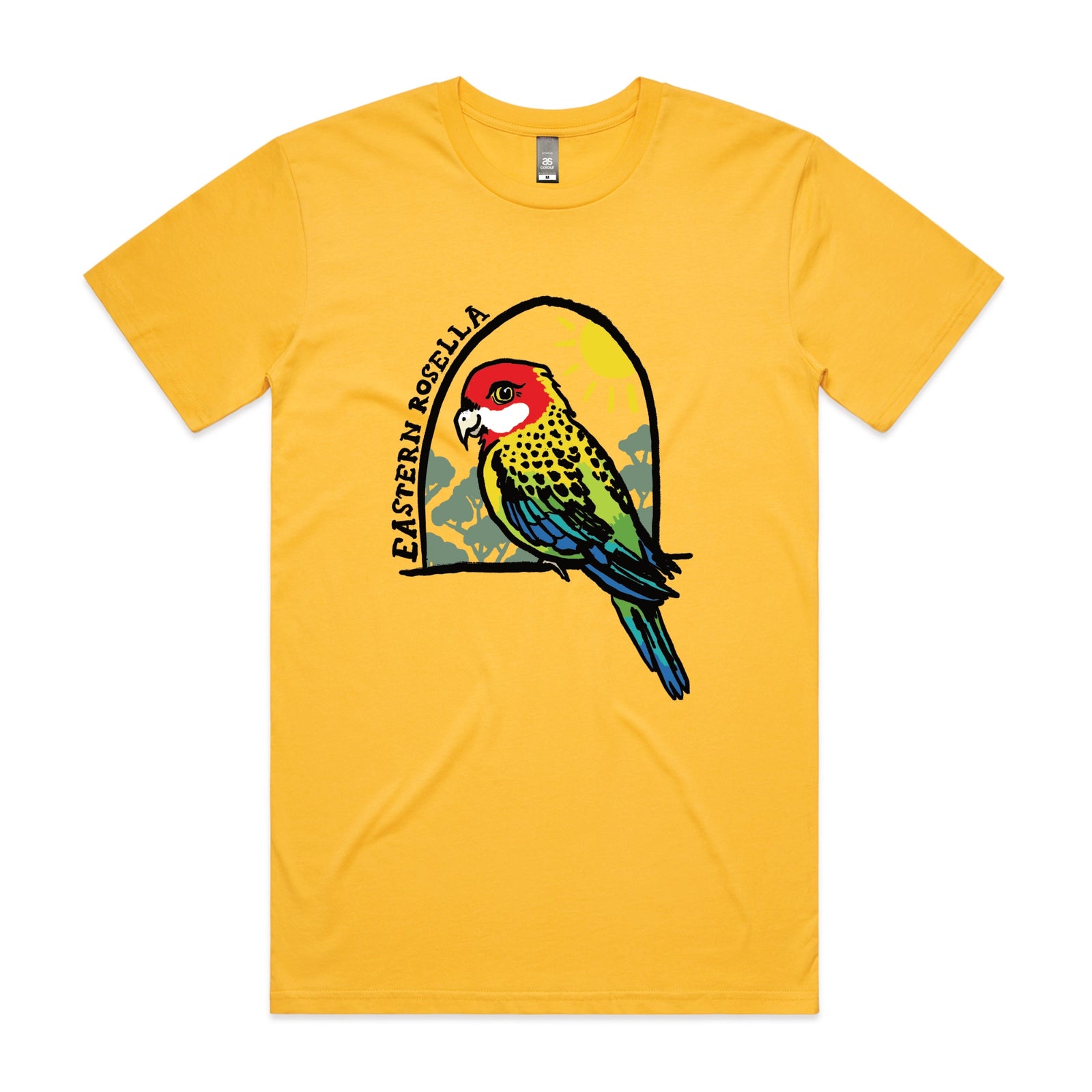 Yellow unisex t-shirt with Eastern Rosella graphic by Lonely Kids Club
