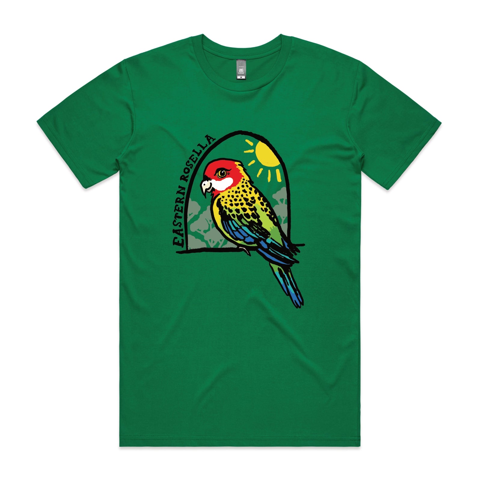 Green unisex t-shirt with Eastern Rosella graphic by Lonely Kids Club
