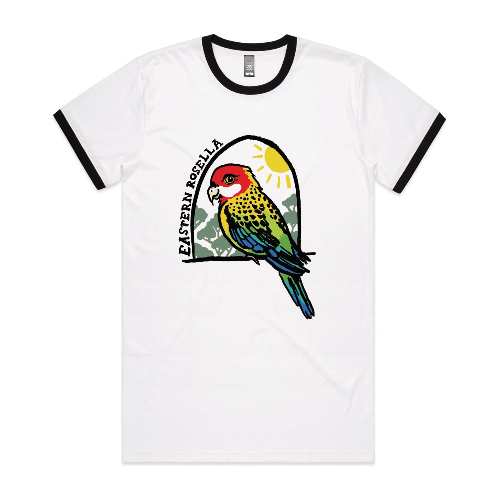 Black/White Ringer unisex t-shirt with Eastern Rosella graphic by Lonely Kids Club
