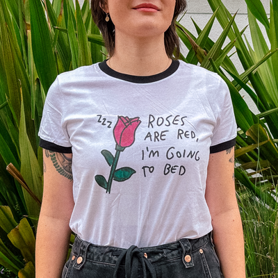 Roses Are Red Tee by Lonely Kids Club. All clothing from our T-shirts to our shorts and hoodies are ethically made, and printed packed and shipped from Sydney.