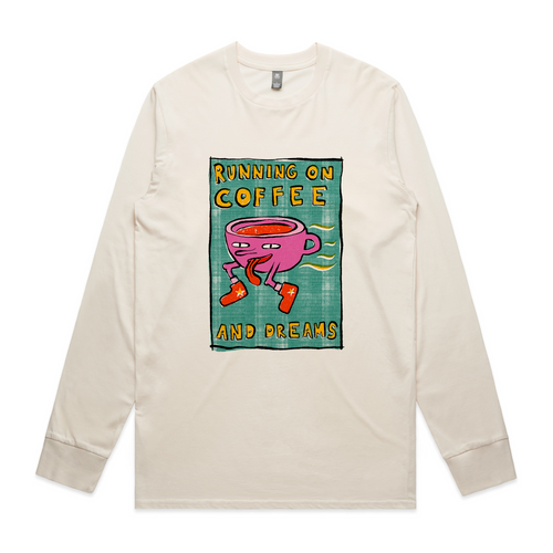 Running On Coffee And Dreams Tee by Lonely Kids Club. All clothing from our T-shirts to our shorts and hoodies are ethically made, and printed packed and shipped from Sydney.