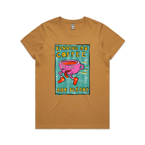 Running On Coffee And Dreams Tee by Lonely Kids Club. All clothing from our T-shirts to our shorts and hoodies are ethically made, and printed packed and shipped from Sydney.