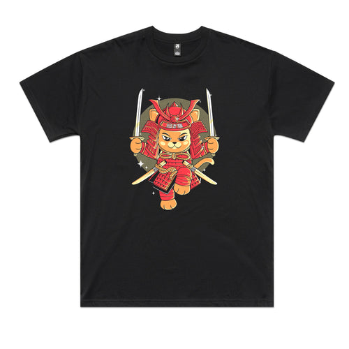 Samurai Cat Tee by Lonely Kids Club. All clothing from our T-shirts to our shorts and hoodies are ethically made, and printed packed and shipped from Sydney.
