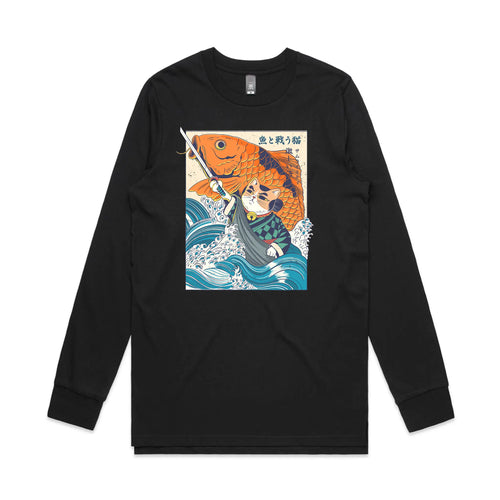 Samurai Cat And Koi Fish Tee by Lonely Kids Club. All clothing from our T-shirts to our shorts and hoodies are ethically made, and printed packed and shipped from Sydney.