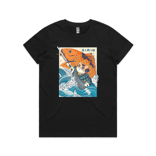 Samurai Cat And Koi Fish Tee by Lonely Kids Club. All clothing from our T-shirts to our shorts and hoodies are ethically made, and printed packed and shipped from Sydney.