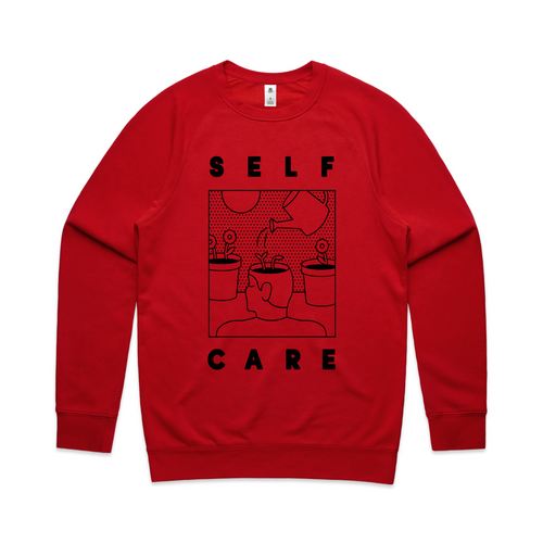 Self Care Jumper by Lonely Kids Club. All clothing from our T-shirts to our shorts and hoodies are ethically made, and printed packed and shipped from Sydney.