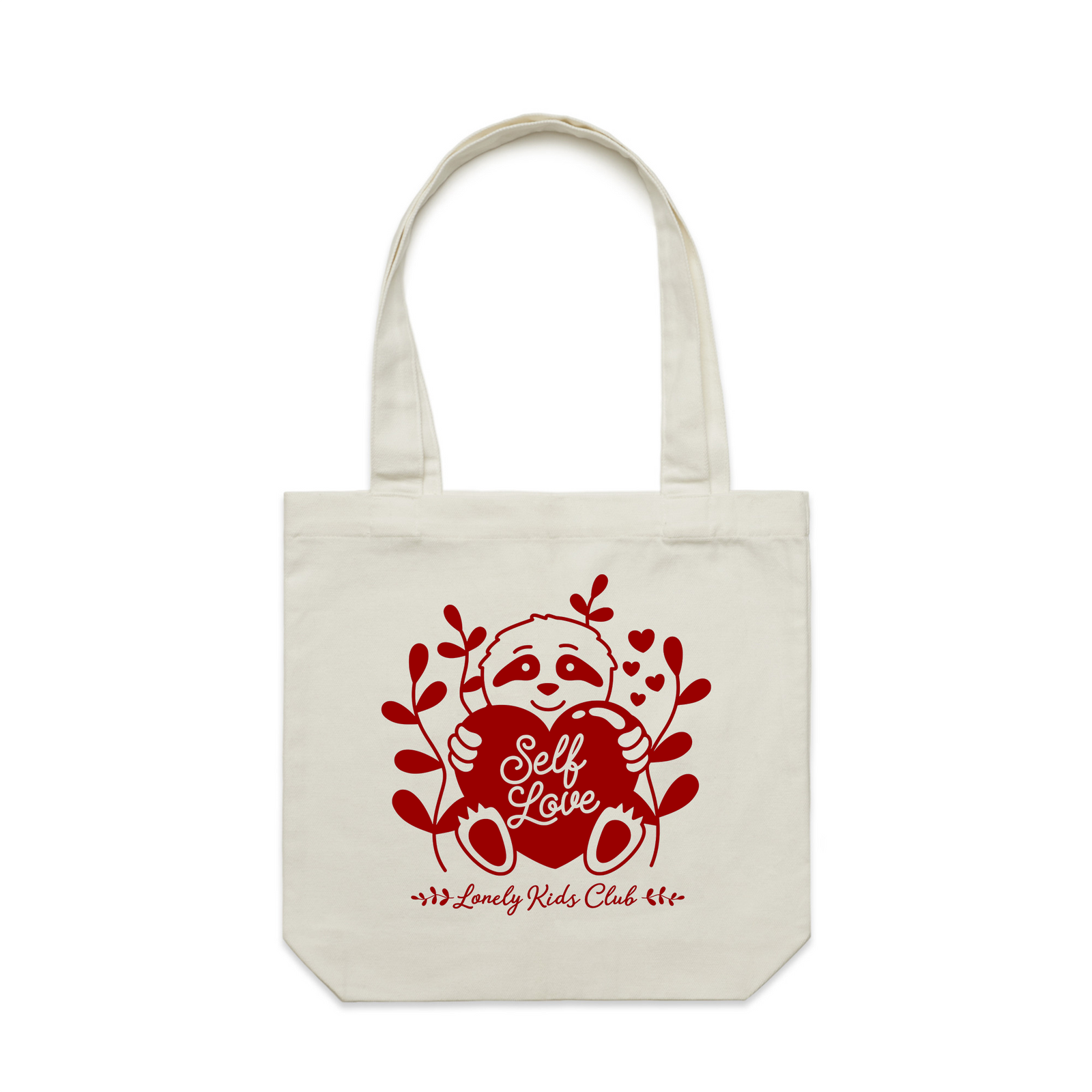Self Love Sloth Tote by Lonely Kids Club. All clothing from our T-shirts to our shorts and hoodies are ethically made, and printed packed and shipped from Sydney.