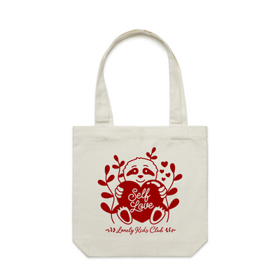 Self Love Sloth Tote by Lonely Kids Club. All clothing from our T-shirts to our shorts and hoodies are ethically made, and printed packed and shipped from Sydney.
