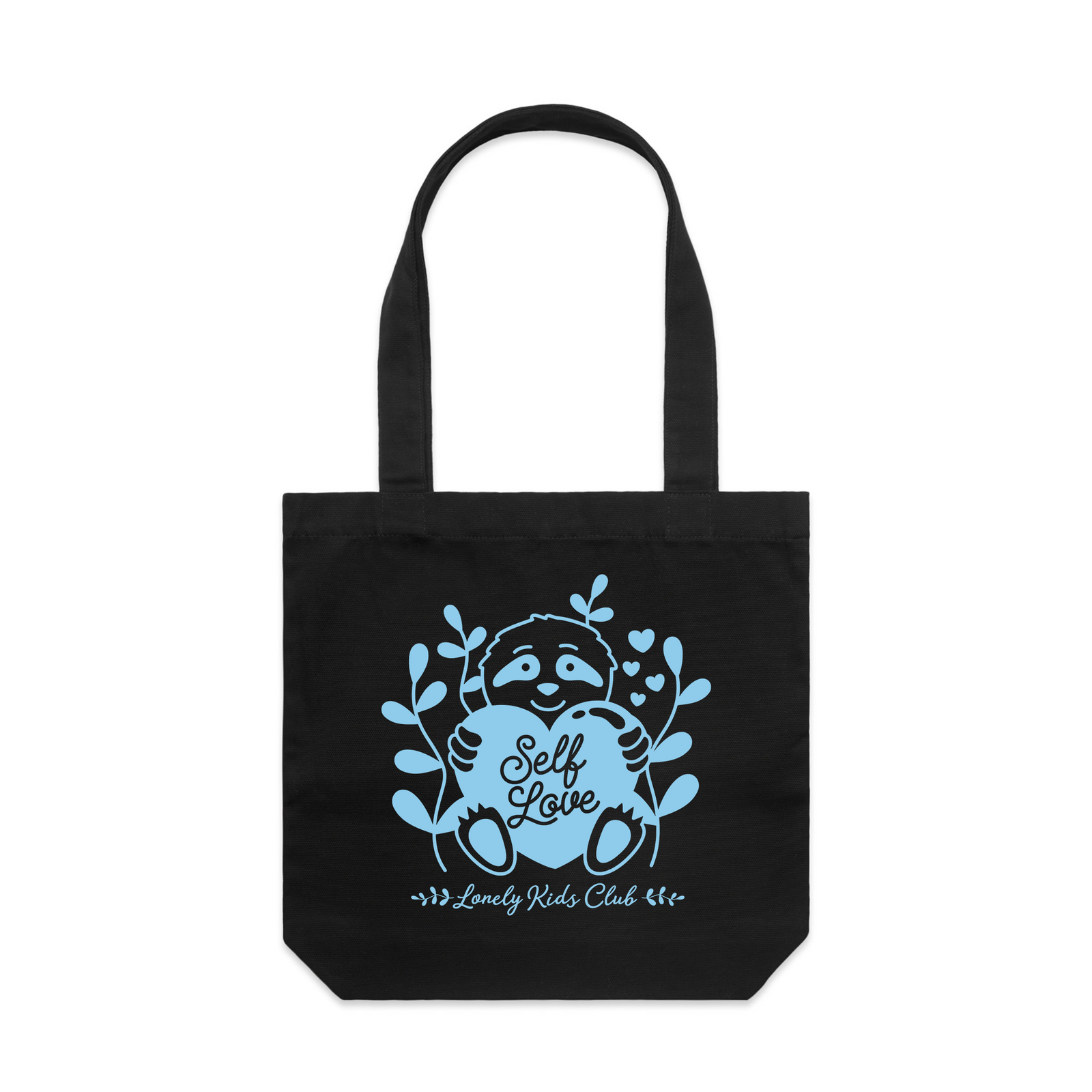 Self Love Sloth Tote by Lonely Kids Club. All clothing from our T-shirts to our shorts and hoodies are ethically made, and printed packed and shipped from Sydney.