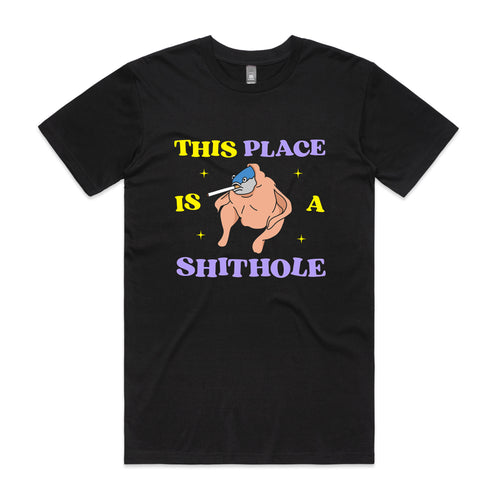 Shithole Tee by Lonely Kids Club. All clothing from our T-shirts to our shorts and hoodies are ethically made, and printed packed and shipped from Sydney.