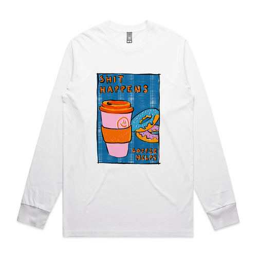 Shit Happens, Coffee Helps Tee by Lonely Kids Club. All clothing from our T-shirts to our shorts and hoodies are ethically made, and printed packed and shipped from Sydney.