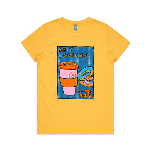Shit Happens, Coffee Helps Tee by Lonely Kids Club. All clothing from our T-shirts to our shorts and hoodies are ethically made, and printed packed and shipped from Sydney.