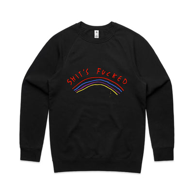 Shit's Fucked Jumper by Lonely Kids Club. All clothing from our T-shirts to our shorts and hoodies are ethically made, and printed packed and shipped from Sydney.