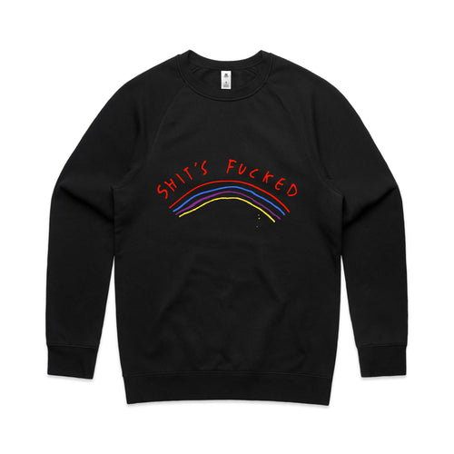 Shit's Fucked Jumper by Lonely Kids Club. All clothing from our T-shirts to our shorts and hoodies are ethically made, and printed packed and shipped from Sydney.