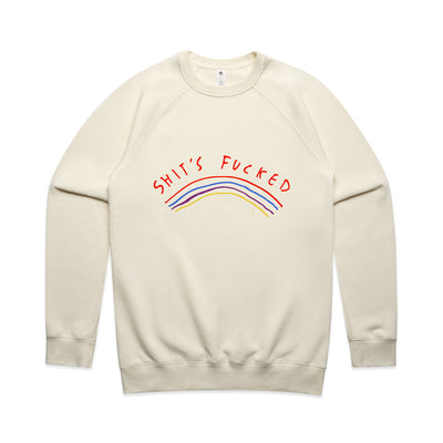 Shit's Fucked Jumper by Lonely Kids Club. All clothing from our T-shirts to our shorts and hoodies are ethically made, and printed packed and shipped from Sydney.