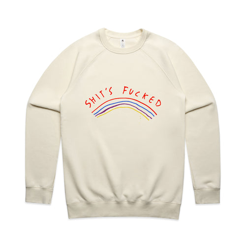 Shit's Fucked Jumper by Lonely Kids Club. All clothing from our T-shirts to our shorts and hoodies are ethically made, and printed packed and shipped from Sydney.