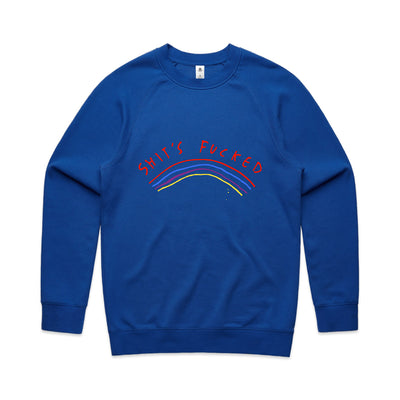 Shit's Fucked Jumper by Lonely Kids Club. All clothing from our T-shirts to our shorts and hoodies are ethically made, and printed packed and shipped from Sydney.