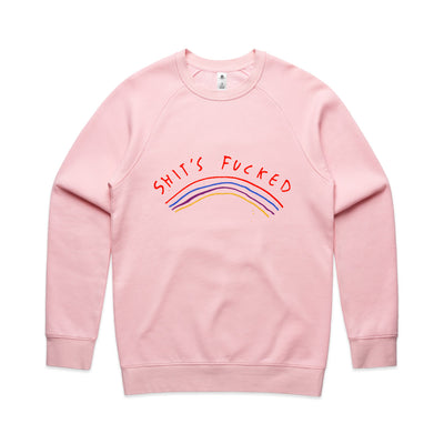 Shit's Fucked Jumper by Lonely Kids Club. All clothing from our T-shirts to our shorts and hoodies are ethically made, and printed packed and shipped from Sydney.