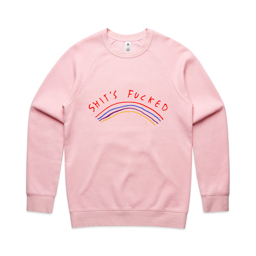 Shit's Fucked Jumper by Lonely Kids Club. All clothing from our T-shirts to our shorts and hoodies are ethically made, and printed packed and shipped from Sydney.