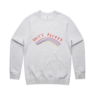 Shit's Fucked Jumper by Lonely Kids Club. All clothing from our T-shirts to our shorts and hoodies are ethically made, and printed packed and shipped from Sydney.