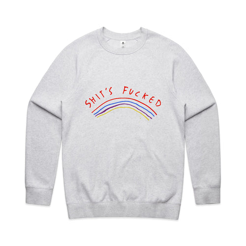 Shit's Fucked Jumper by Lonely Kids Club. All clothing from our T-shirts to our shorts and hoodies are ethically made, and printed packed and shipped from Sydney.
