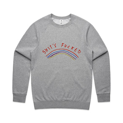 Shit's Fucked Jumper by Lonely Kids Club. All clothing from our T-shirts to our shorts and hoodies are ethically made, and printed packed and shipped from Sydney.