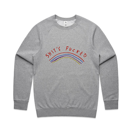 Shit's Fucked Jumper by Lonely Kids Club. All clothing from our T-shirts to our shorts and hoodies are ethically made, and printed packed and shipped from Sydney.