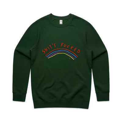 Shit's Fucked Jumper by Lonely Kids Club. All clothing from our T-shirts to our shorts and hoodies are ethically made, and printed packed and shipped from Sydney.