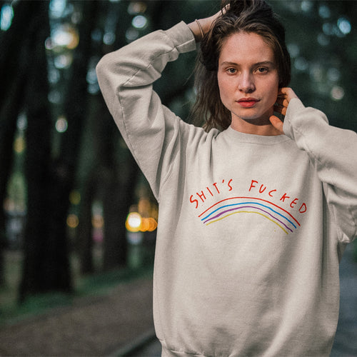 Shit's Fucked Jumper by Lonely Kids Club. All clothing from our T-shirts to our shorts and hoodies are ethically made, and printed packed and shipped from Sydney.