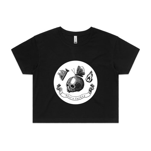 Shit's Fucked Skull Tee by Lonely Kids Club. All clothing from our T-shirts to our shorts and hoodies are ethically made, and printed packed and shipped from Sydney.