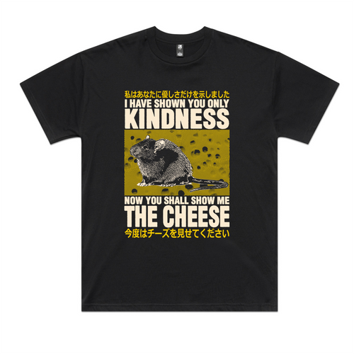 Show Me The Cheese Tee by Lonely Kids Club. All clothing from our T-shirts to our shorts and hoodies are ethically made, and printed packed and shipped from Sydney.