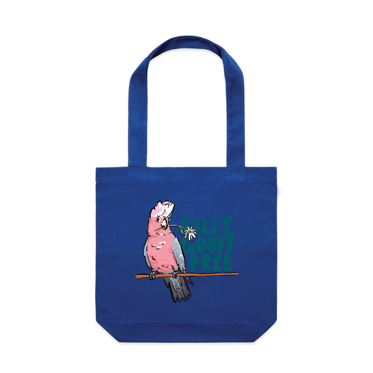 Royal Blue carrie tote with Silly Goofy Free design, artwork by Claire Harrison for Lonely Kids Club