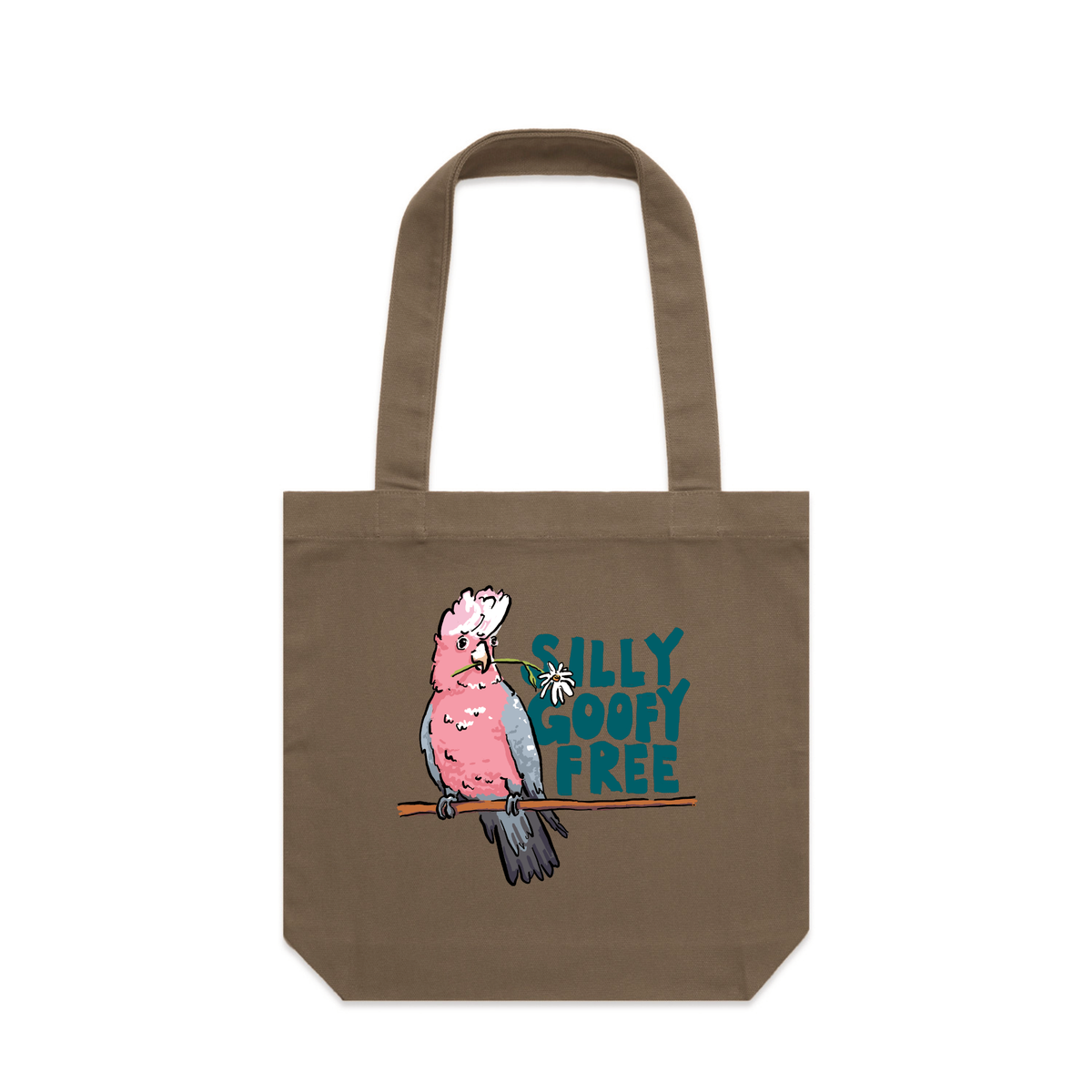 Walnut carrie tote with Silly Goofy Free design, artwork by Claire Harrison for Lonely Kids Club