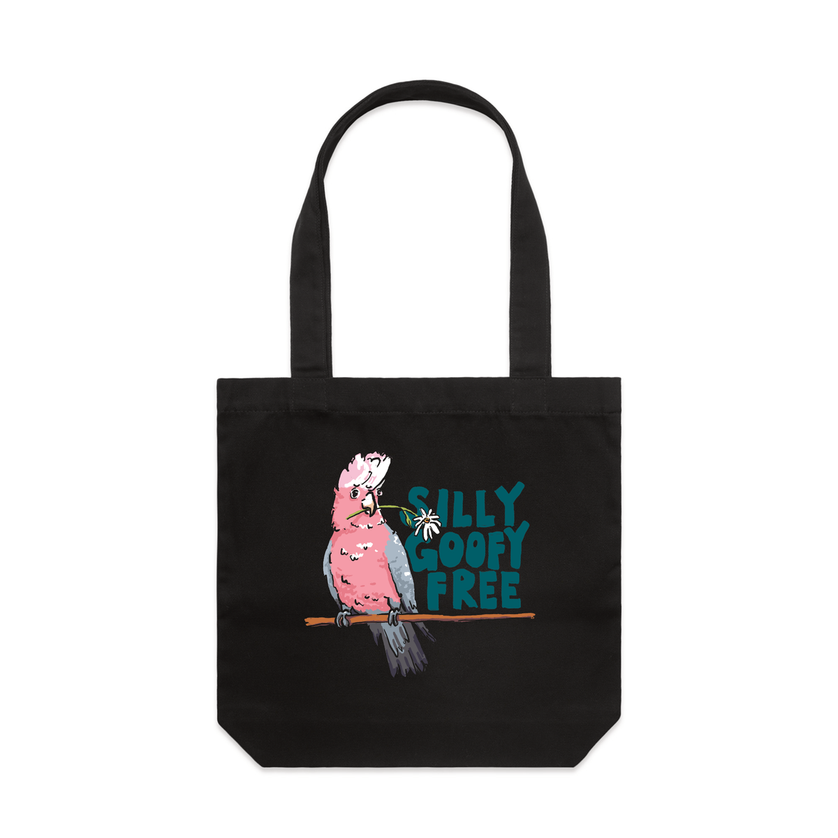 Black carrie tote with Silly Goofy Free design, artwork by Claire Harrison for Lonely Kids Club