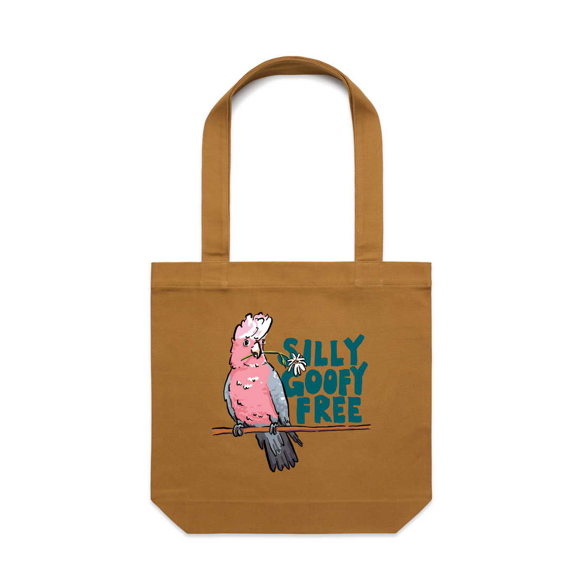Camel carrie tote with Silly Goofy Free design, artwork by Claire Harrison for Lonely Kids Club