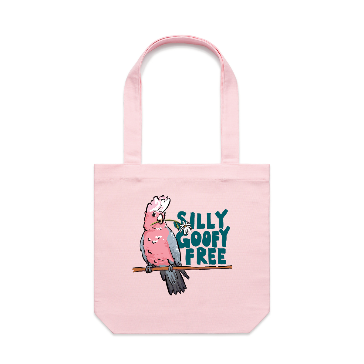 Pink carrie tote with Silly Goofy Free design, artwork by Claire Harrison for Lonely Kids Club