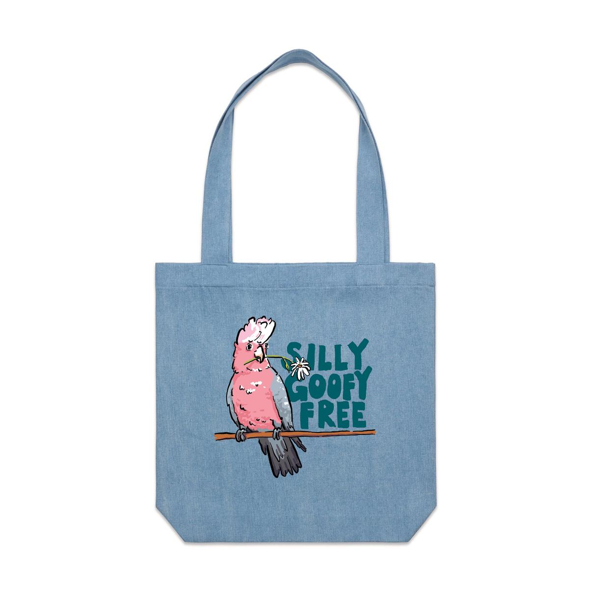 Denim carrie tote with Silly Goofy Free design, artwork by Claire Harrison for Lonely Kids Club