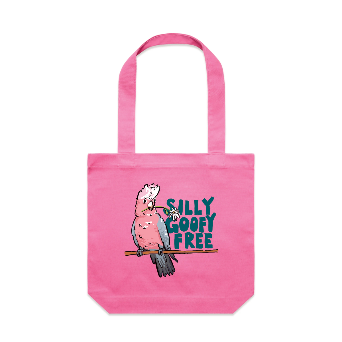 Bubblegum carrie tote with Silly Goofy Free design, artwork by Claire Harrison for Lonely Kids Club