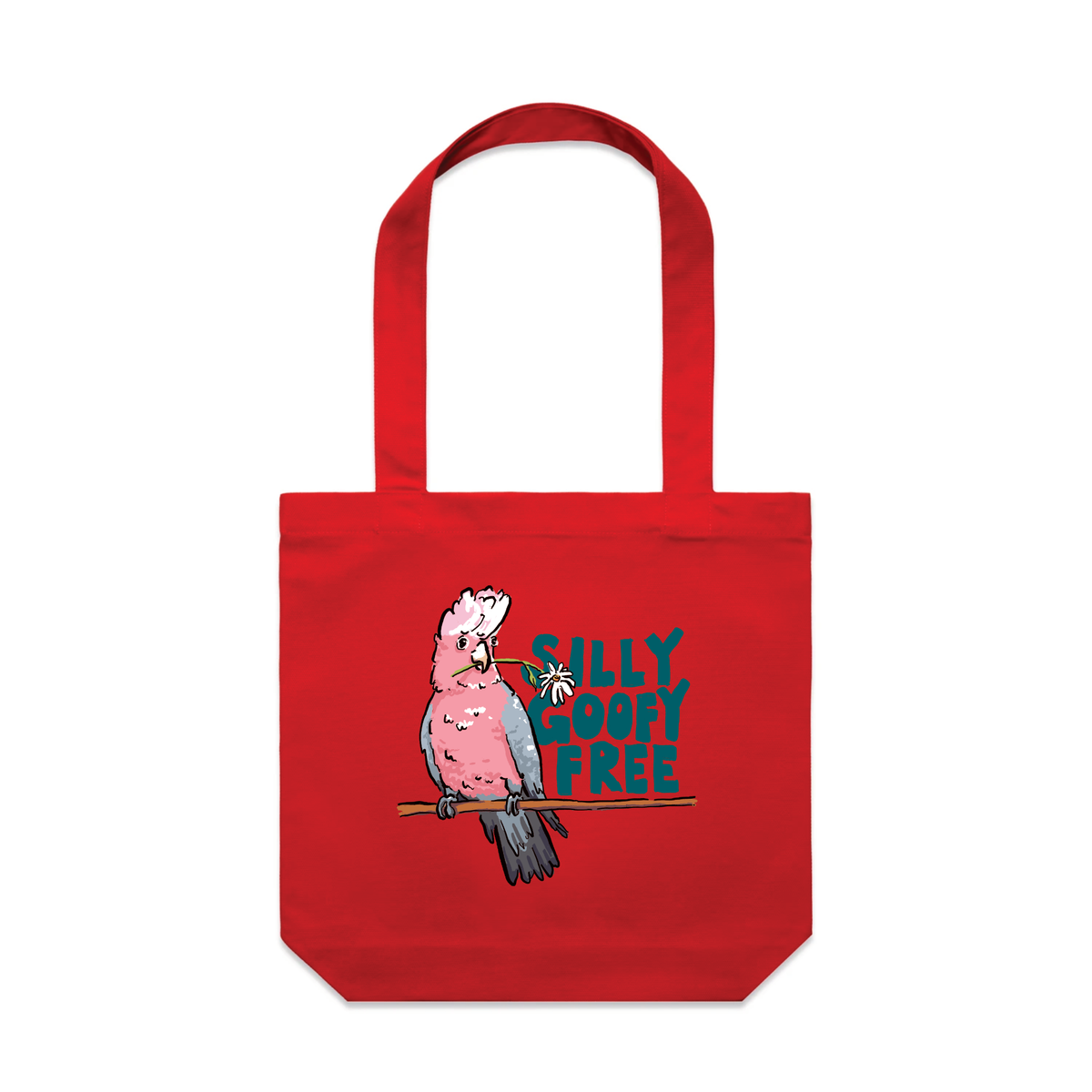 Red carrie tote with Silly Goofy Free design, artwork by Claire Harrison for Lonely Kids Club
