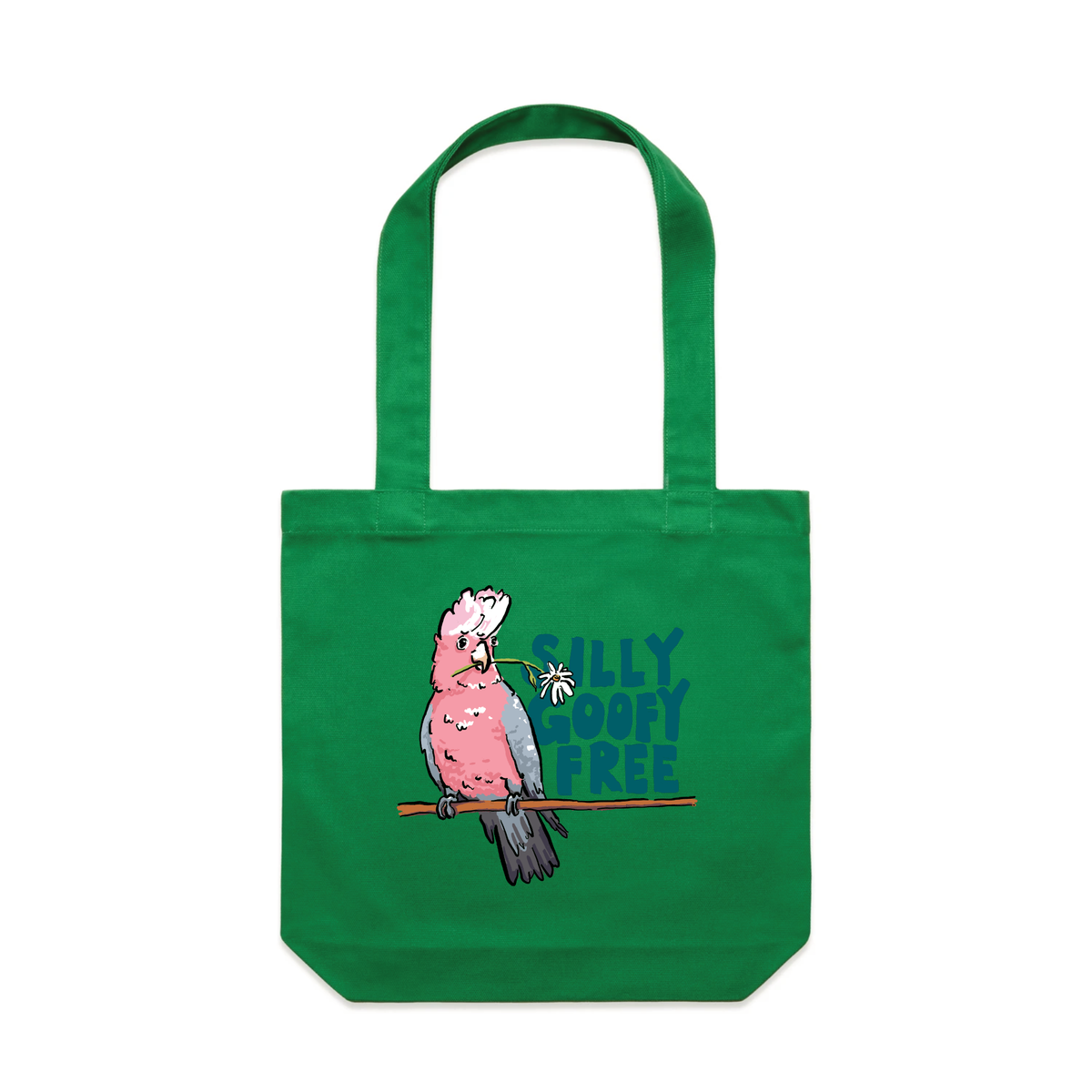 Green carrie tote with Silly Goofy Free design, artwork by Claire Harrison for Lonely Kids Club