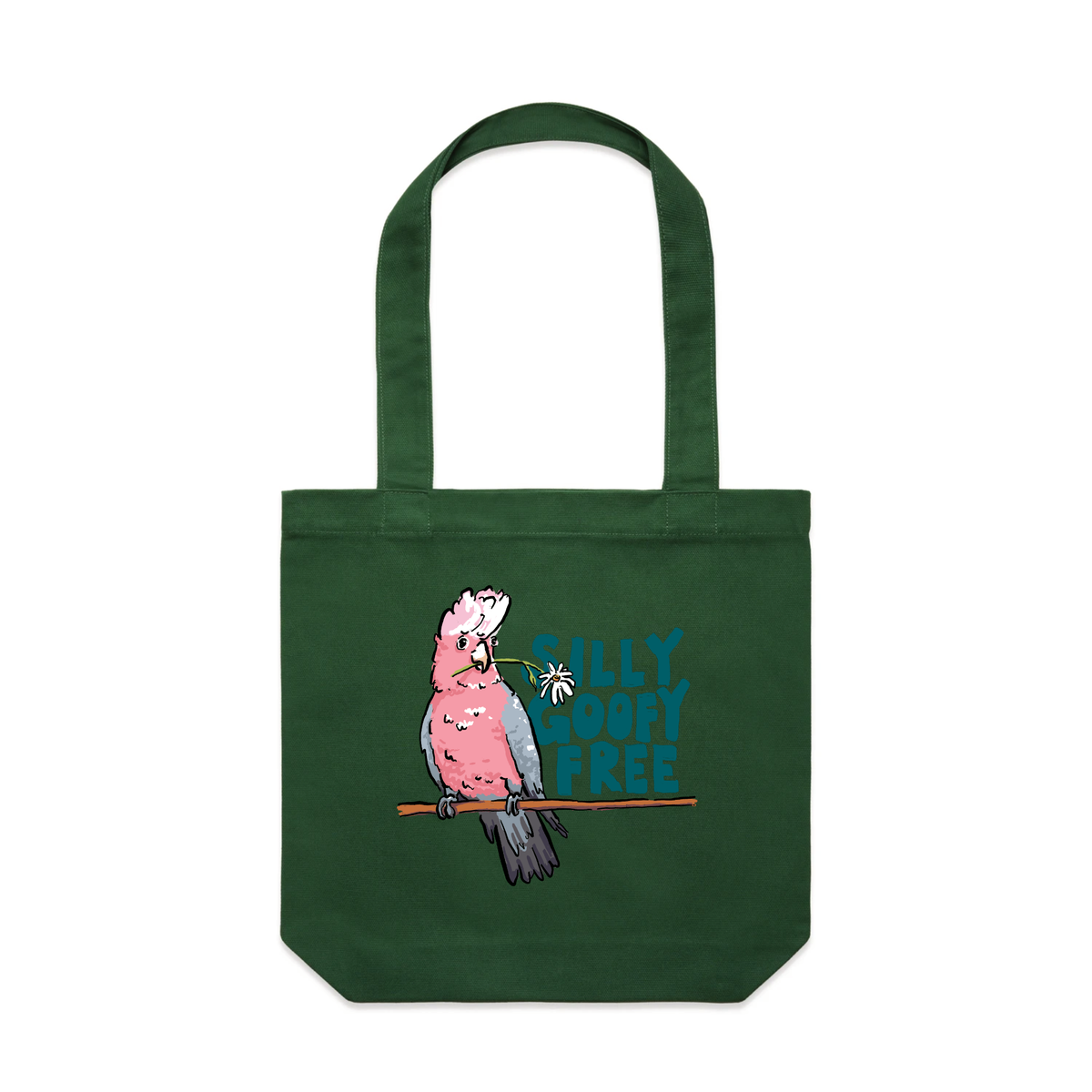 Forest Green carrie tote with Silly Goofy Free design, artwork by Claire Harrison for Lonely Kids Club