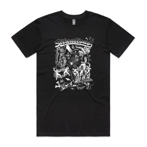 Situations Tee by Lonely Kids Club. All clothing from our T-shirts to our shorts and hoodies are ethically made, and printed packed and shipped from Sydney.